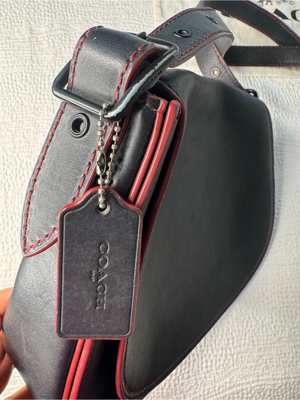 Coach 1941 Black Leather Crossbody large Saddle Bag with Oxblood Red Accents. - Picture 8 of 10